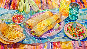 Tamale on a festive table, yellows and bright colors, Watercolor, hand drawing