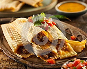 A tamale filled with meat cheese salsa and tomatoes, traditional mexican food pic
