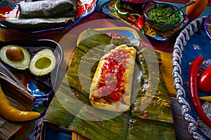 Tamale Mexican food recipe with banana leaves