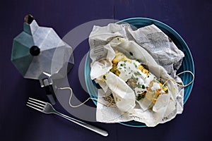 Tamales of masa harina, corn flour, with chicken and sour cream photo