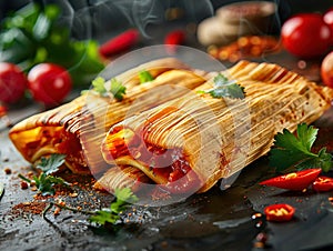 Tamales. Prehispanic dish typical of Mexico and some Latin American countries. Corn dough wrapped in corn leaves. The