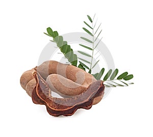 Tamarind fruits with green leaves isolated on white background