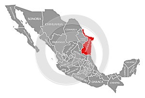 Tamaulipas red highlighted in map of Mexico photo