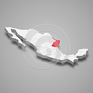 Tamaulipas region location within Mexico 3d map photo