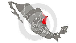 Tamaulipas state blinking red highlighted in map of Mexico
