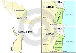 Tamaulipas state location on map of Mexico photo
