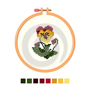 Tambour floral embroidery. Cross stitch pansies