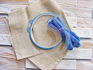Tambour with threads for embroidery blue