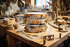 tambourine makers workshop with workbench