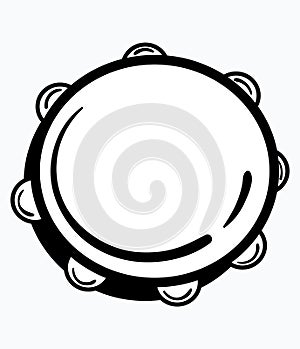 Tambourine. Vector illustration of a tambourine. Black and white icon of a musical instrument. Round logo. Place for the