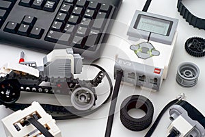 Black keyboard and coding LEGO MINDSTORMS EV3 robot blocks