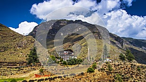 Tamchog lhakhang under the blue sky ï¼Œa 600 years Temple of Bhutan , Paro to Thimphu