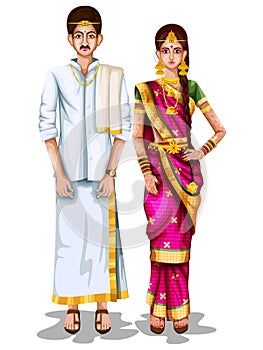 Tamil wedding couple in traditional costume of Tamil Nadu, India