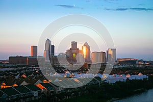 Tampa city skyline, panoramic view at sunset