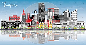 Tampere Finland city skyline with color buildings, blue sky and reflections. Tampere cityscape with landmarks. Business and