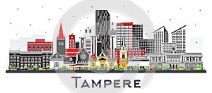 Tampere Finland city skyline with color buildings isolated on white. Tampere cityscape with landmarks. Business travel and tourism