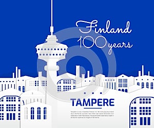 Tampere Finland city view illustration - Finland tourist attractions and landmarks vector design - blue and white color background