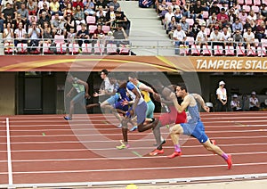Athlets running 100 metrs semi final on the IAAF World U20 Championship in Tampere, Finland 11 July,