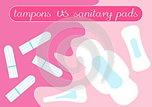 Tampon vs pads comparison. Feminine hygiene products. Illustration for your choice in bloody month period. Menstruation time, mens