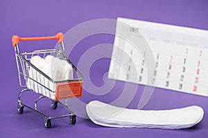 tampons in small shopping cart, daily liners and calendar