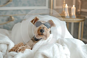 A tan and black Airedale terrier dog wearing sunglasses lays on a bed