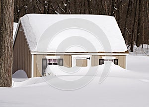 tan clubhouse buried in snow blizzard