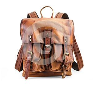 A tan leather backpack with a brown leather strap