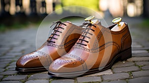 Tan Leather And Gold Oxford Shoes With Classical Precision And Italianate Flair