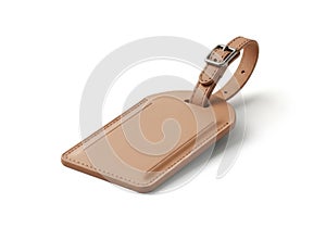 Tan leather luggage tag isolated on white background