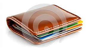 Tan leather wallet with credit cards inside isolated on a white background photo
