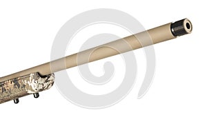 Tan rifle barrel that is threaded on the end