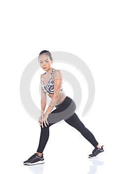Tan Skin Asian Fitness Girl in Sport Bra black spandex pants Exercise warm up