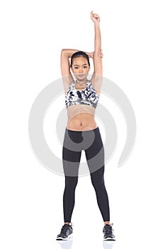 Tan Skin Asian Fitness Girl in Sport Bra black spandex pants Exercise warm up