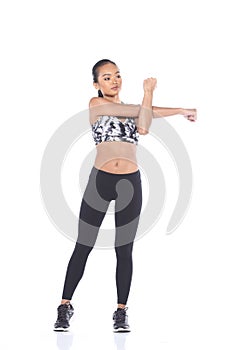 Tan Skin Asian Fitness Girl in Sport Bra black spandex pants Exercise warm up