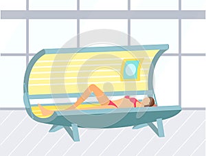 Tan Skin, Woman in Solarium, Beauty Salon Vector