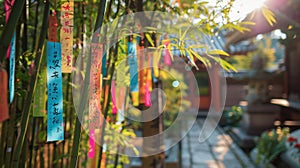 Tanabata, On the day of the holiday, bamboo branches are hung in front of the doors of houses and garden gates, to which