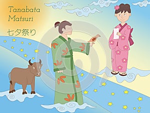 Tanabata legend. Milky Way, couple and cow