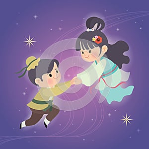 Tanabata / Qixi festival - Cartoon Vega and Altair with starry background
