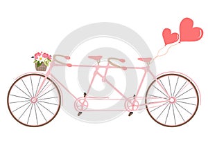 Tandem bicycle with basket fully of rose flowers and heart. Vector. Ideal for invitation design, save the date, wedding and other