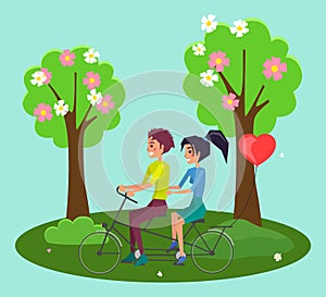Tandem bicycle riders cartoon characters. Girl and guy riding on double bike on the road in a forest