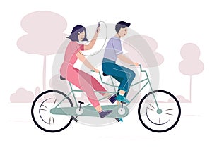 Tandem bike with happy couple. Active lifestyle. Walking, sports, traveling