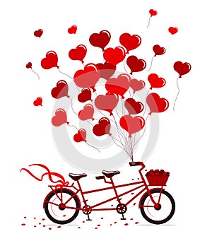 Tandem Bike with hearts balloons in red colors isolated