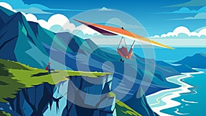 A tandem hang gliding experience over a picturesque coastal lagoon with mountains in the distance.. Vector illustration.