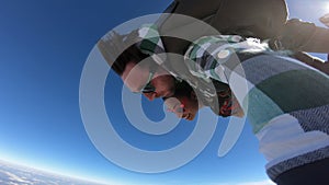 Tandem parachute jump. Selfie photo