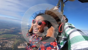 Tandem parachute jump. Selfie photo