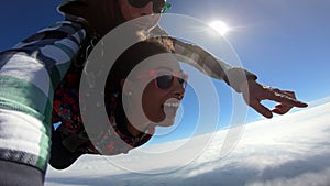 Tandem parachute jump. Selfie photo