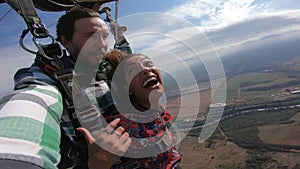 Tandem parachute jump. Selfie photo