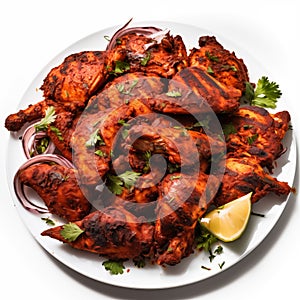 Tandoori Chicken Pieces with Coriander and Lemon on a White background