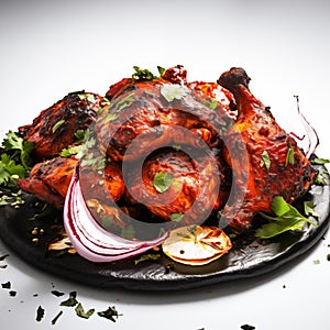 Tandoori Chicken Pieces with Coriander and Lemon on a White background