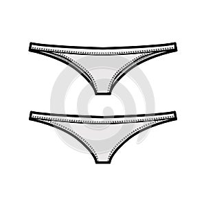 Tangas technical fashion illustration with elastic waistband, low rise, medium coverage. Flat briefs knickers lingerie